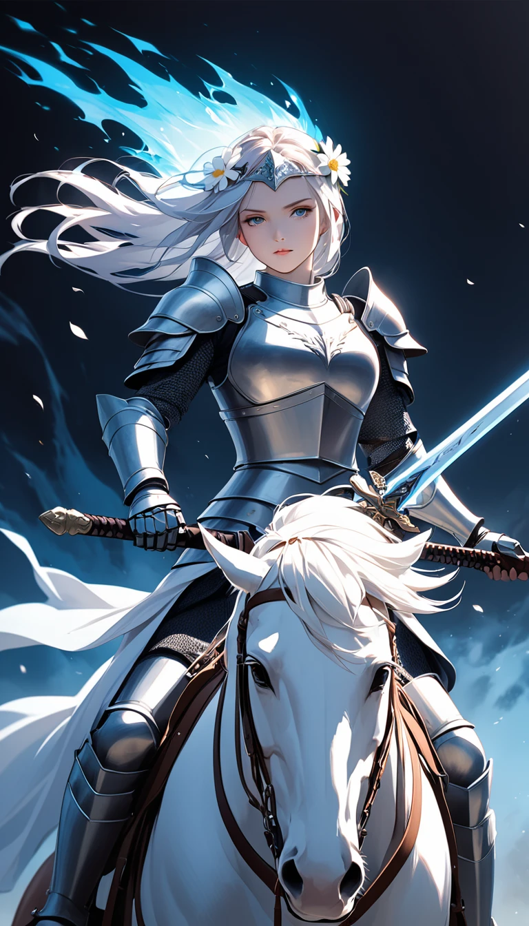 A female knight on horseback. She is holding a sword. A white flower on her head. The sword has a glowing aura. The background is black.