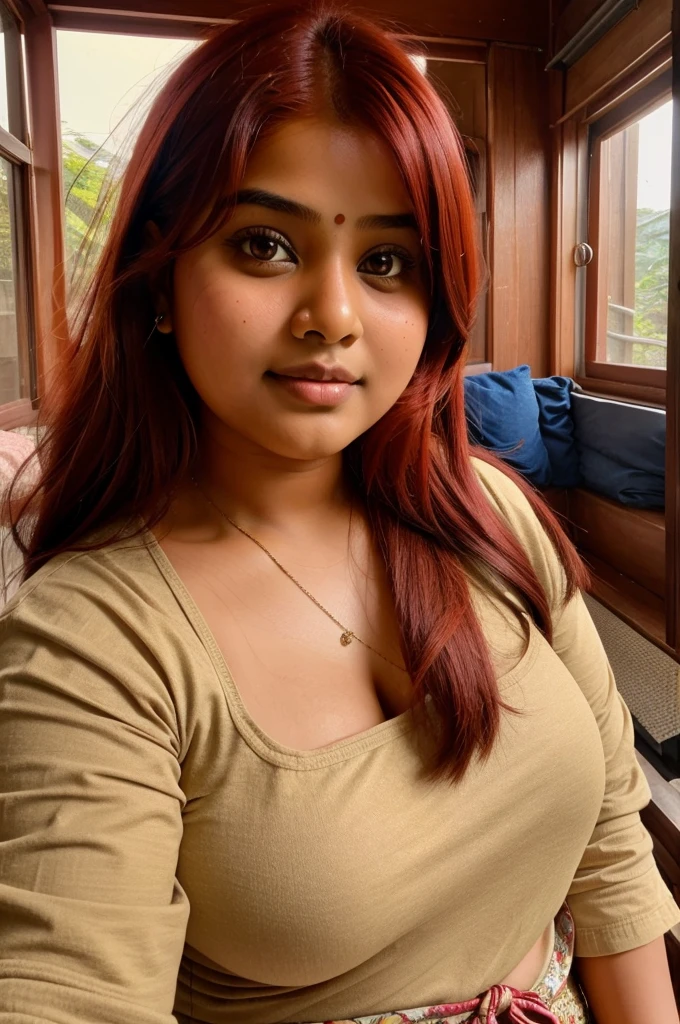 A chubby Indian girl with red hair and fair complexion selfie only face selfie
