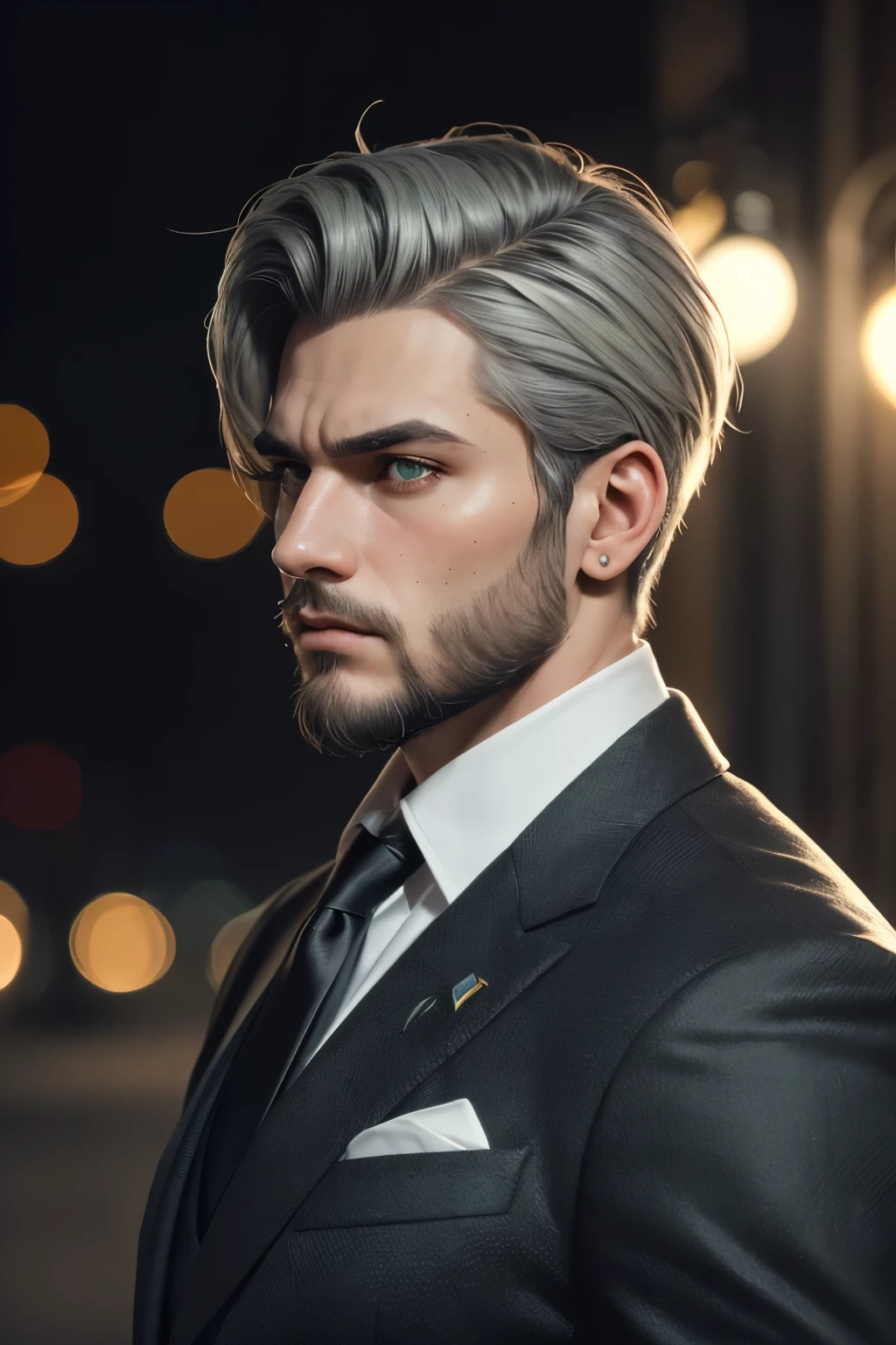 (An attractive man with perfect body with grey hair and green eyes with a serious and mysterious look)), ((one man)), (((Wearing mafia costumes))), ((formal clothes)) ((Mafia boss)), ((1920 costumes)), ((absurdres)), (masterpiece 1.3), (incredibly detailed), (highres:1.1), (high detailed skin:1.4), (high quality lighting), (skin texture), (UHD), (64K), (studio lighting), (photorealistic), (hyper realistic), (symmetric face), (unreal engine), (bokeh), (high resolution scan), (professional photograph), ((stunning handsome man)), ((short beard)), ((stoic)), ((stern looking)) , ((symmetrical eyes)), (strong jawline), (green eyes), (grey hair), (short hair), (1man), (solo), (dark atmosphere), (Dynamic poses), (masterpiece,best quality) ,