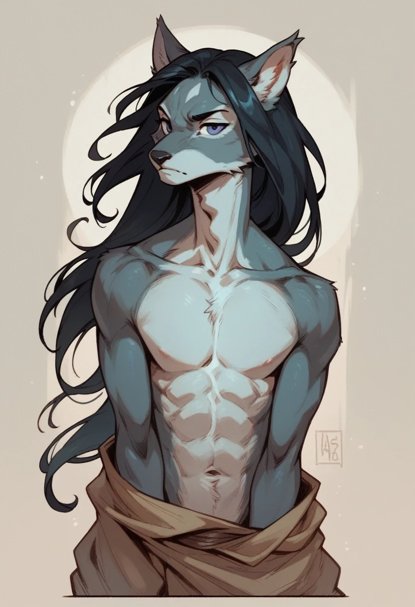 high quality, high detail, furry, one grey tabaxi, grey eyes, guy, skinny and long, long black hair off to the side, dnd art, fighter, no clothes