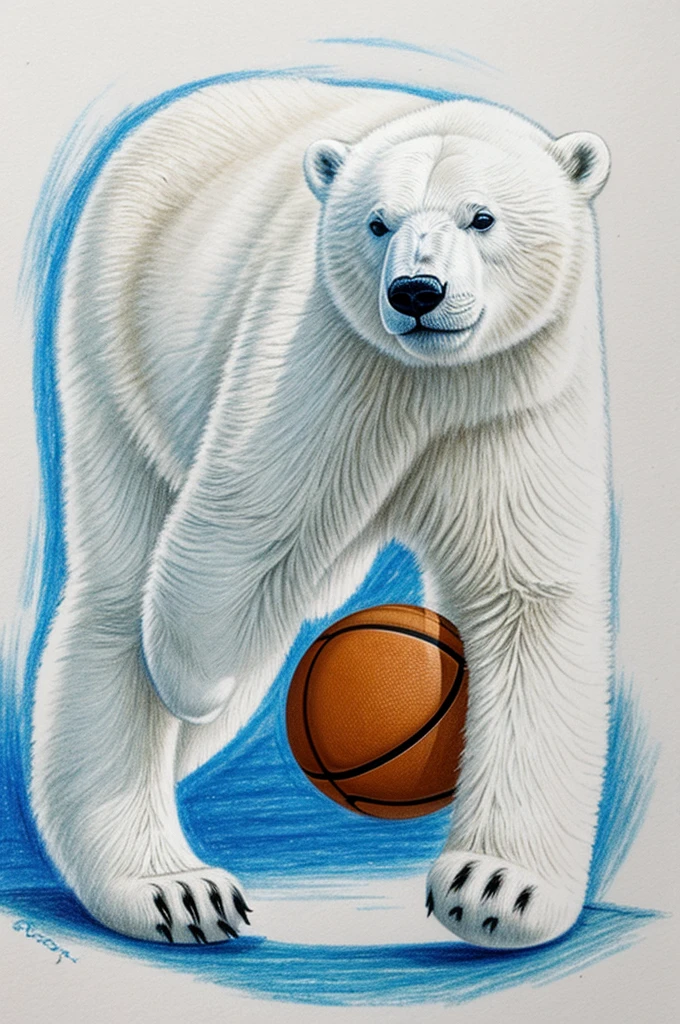 Drawing of cute baby polar bear playing basketball
