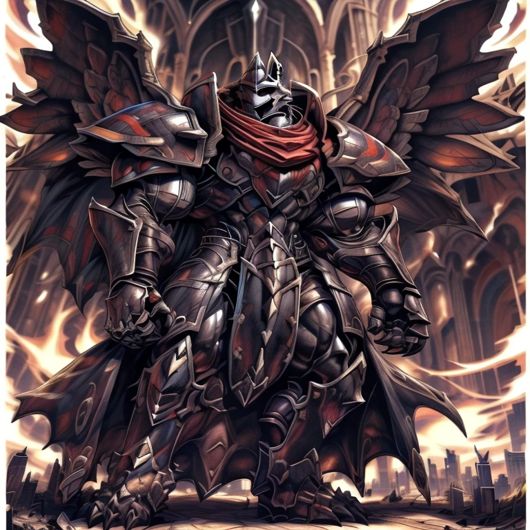 (masterpiece. official art. 8k. best quality. detailed full body. full body.)
(situation 1 : dominating LUCARIO. LUCARIO is over 1000 meters long. focus GIANT mechanical Muscular LUCARIO is trampling the city. Looking down. macro. stomp. Low-angle perspective. emphasizing the immense size.)
(situation 2 :smoke and flames rising from the destruction in the city)
(Additional details 1: BlackKnight_fe. Armor. Cape. Helmet. Sword. wearing a full-face helmet. high-tech bio-mecha armor. real texture material. whole body shines like metal. Wearing cyberpunk mecha. emphasizes the muscles. suit fully made of metal. intricate armor. Robotic suit. suit fully made of metal. cyborg. Powered exoskeleton with the same design as LUCARIO).
(Additional details 2: Detailed head. Detailed Body. Detailed abs. gigantic muscles. HYPER MUSCLES. Gigachad Muscular. big muscle. pecs. triceps. traps. unusually developed muscular body. body full of huge muscles. showing off muscles. pectorales enormes. Exaggeratedly huge muscles. huge muscles. long legs.).
(Additional details 3: nj5furry, Spread wings. It has wings. black have big wings. The claws are sharp. Sharp teeth.).