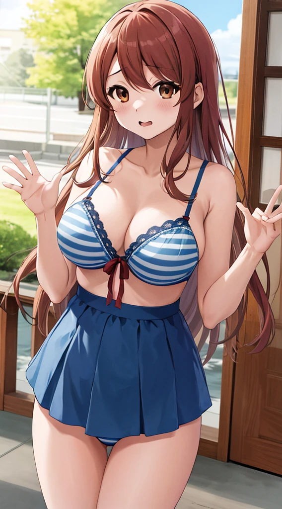 In underwear、Panties in full view、白のパンティ、Blue Stripes々Large bra 1, 1girl, asahina mikuru, long hair, kita high , solo, short sleeves, red ribbon, large breasts, cowboy shot, waving, outdoors, leaning forward,