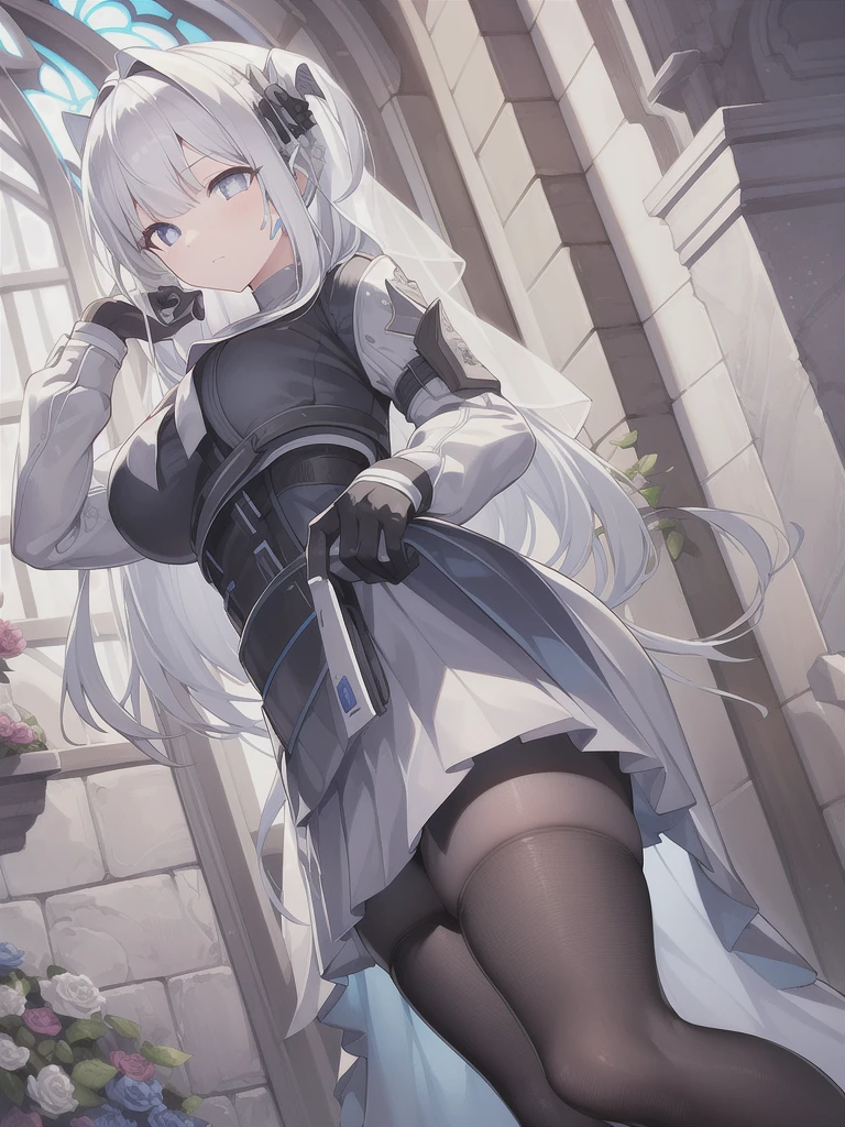 A girl，long hair, Bangs, White hair, Hair between the eyes, Purple Eyes:（1.5),  (Large Breasts:1.2), 
rest  锁骨, Wedding dress，veil，wedding，White dress，Flowers，Broken skirt，White socks，Tights，White knee socks，
looking at viewer, whole body,
indoors, church，Standing，Standing，
rest (masterpiece:1.2), best quality, high resolution, Unity 8k Wallpaper, (illustration:0.8), (Beautiful and delicate eyes:1.6), Extremely detailed face, Perfect lighting, Extremely detailed CG, (Perfect hands, Perfect anatomical structure),