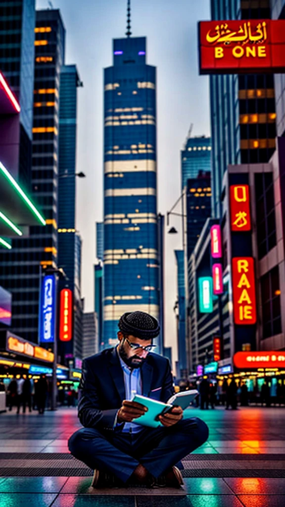 
A Muslim man sits in the middle of a busy modern city, against a backdrop of skyscrapers and sparkling neon lights. The expression on his face reflects his interest in the modern gadget he is holding, while the book or mushaf open in his lap is neglected. His eyes are focused on the gadget screen, reflecting the struggle between today's technological world and his spiritual values.