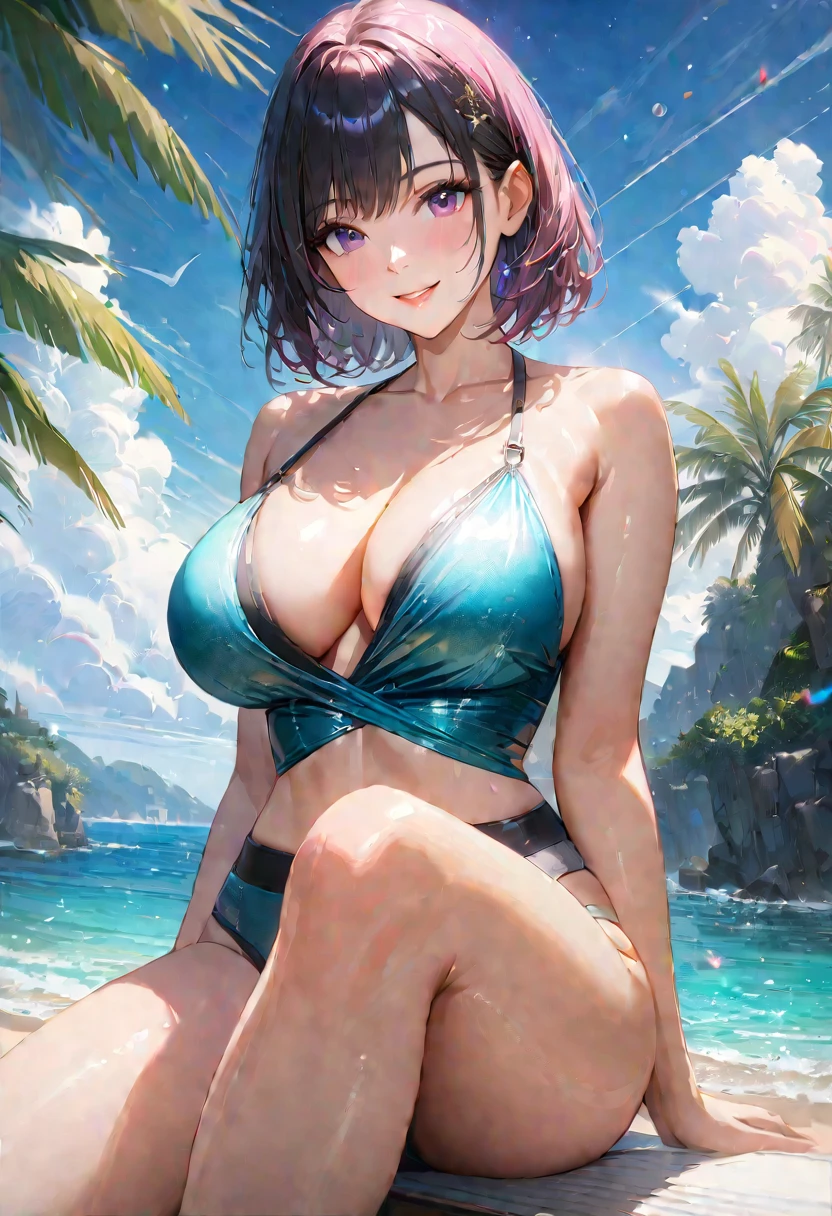 Shining Sea, Clear sky with white clouds, Palm trees along the coast, Blur the background,Pleasant sea breeze,high school girl,Big Breasts,Swimwear,short hair,smile,Glitter effect,Highest quality, 8K, High resolution, masterpiece:1.2, Very detailed, Realistic:1.37, High resolution, 超High resolution, Ultra-fine painting, Very detailed, Professional, Vibrant colors