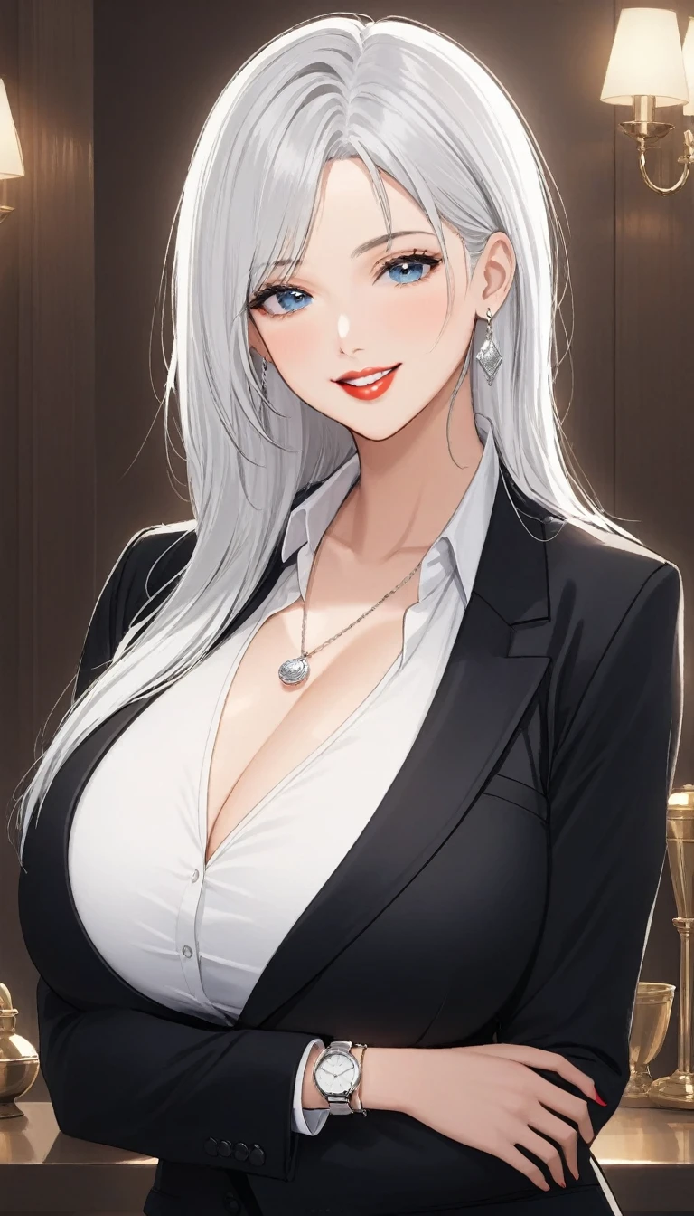 Hot sexy young babe , blue eyes, white hair,big silver shiny jhumka earrings ,blunt hair ,red lipstick , smooth skin,sharp jawline, detailed face, silver bracelet , silver necklace , big breasts, smiling , jewellery,hair brochure,white shirt,blazer,black professional pant,black heels,classical wrist watch