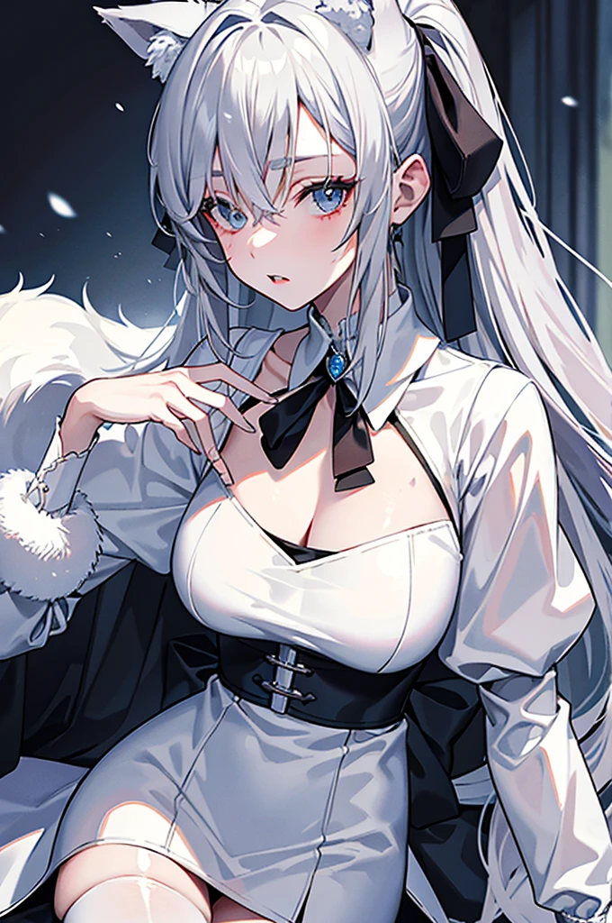 best qualtiy,tmasterpiece,The is very detailed,4K,Gray hair and shallow eyes,Drag cool expressions,Wolf ears,Erect scar on the left eye,British style,1girl,Absolutely beautiful, big bust, white costume, ear ribbon