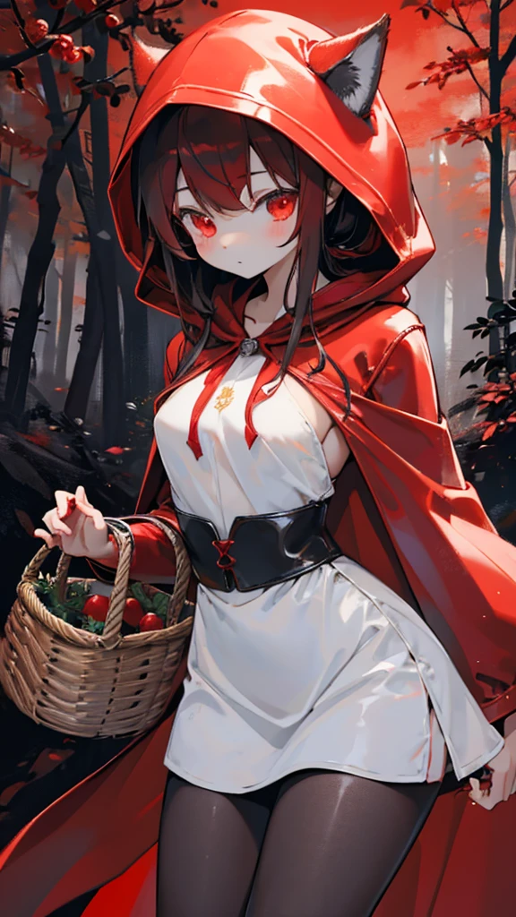 grace，Cool girl，Handsome girl，little Red Riding Hood，Red Cape，Red hood斗篷，Forest Background，Forest Background，Hooded girl with a basket，Wave Girl，Wolf Ear Girl，Wolf Ear Hood，Red hood，Close-up above the waist，Tight leather jacket，hunter style，Tights