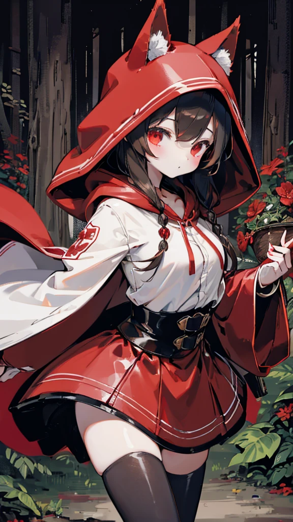 grace，Cool girl，Handsome girl，little Red Riding Hood，Red Cape，Red hood斗篷，Forest Background，Forest Background，Hooded girl with a basket，Wave Girl，Wolf Ear Girl，Wolf Ear Hood，Red hood，Close-up above the waist，Tight leather jacket，hunter style，Tights