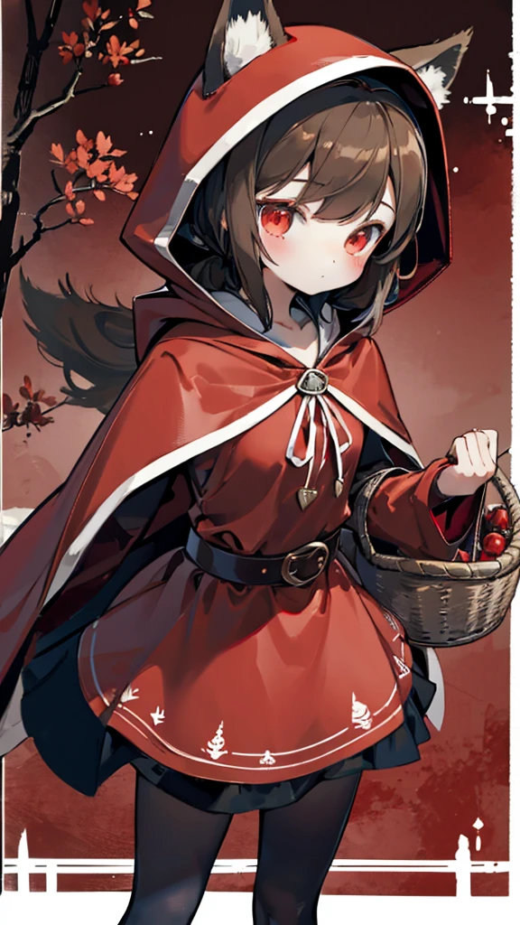 grace,Cool girl,Handsome girl,little Red Riding Hood,Red Cape,Red hood斗篷,Forest Background,Forest Background,Hooded girl with a basket,Wave Girl,Wolf Ear Girl,Wolf Ear Hood,Red hood,Close-up above the waist,Tight leather jacket,hunter style,Tights