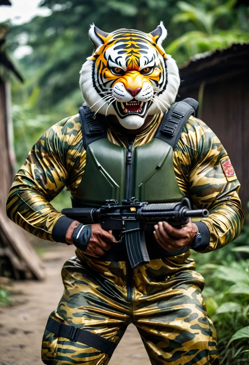 (a dark-skinned fat muscular old man in a bulky army camouflage zipper diver suit) shooting with a rifle and (wearing realistic roaring siberian tiger mask), muscular, Bruce Onobrakpeya, sumatraism, stanley artgermm, action, heroic, fierce, snarling