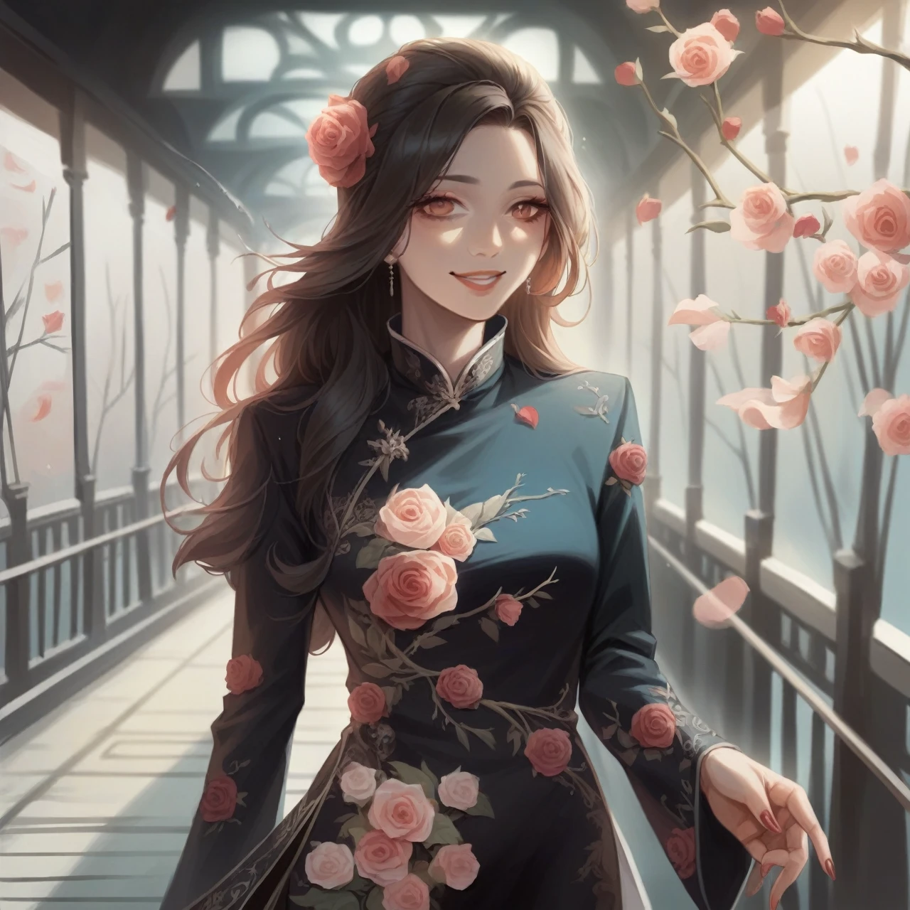realistic 4D caricature of an beautiful thai-japanese female seated at a chair with an elegant setting. She is wearing a dark red medium sleeve dress adorned with fur trim and rose details. In front of her is a glass that contains a dark red liquid, which could be wine, and there are dark red roses nearby. She is smile dimple facing to the camera. It seems to convey a sense of sophistication or preparation for a celebratory event.