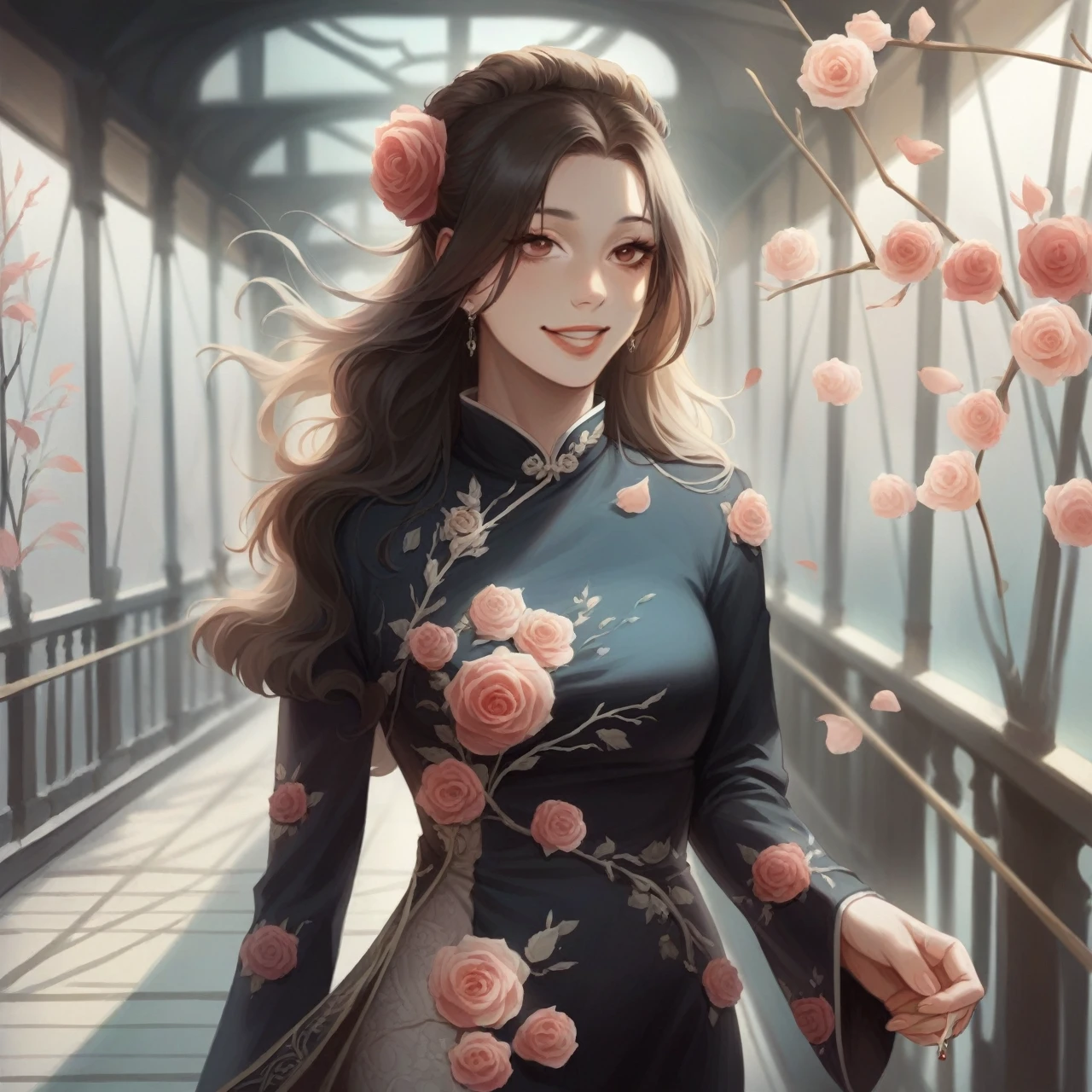 realistic 4D caricature of an beautiful thai-japanese female seated at a chair with an elegant setting. She is wearing a dark red medium sleeve dress adorned with fur trim and rose details. In front of her is a glass that contains a dark red liquid, which could be wine, and there are dark red roses nearby. She is smile dimple facing to the camera. It seems to convey a sense of sophistication or preparation for a celebratory event.