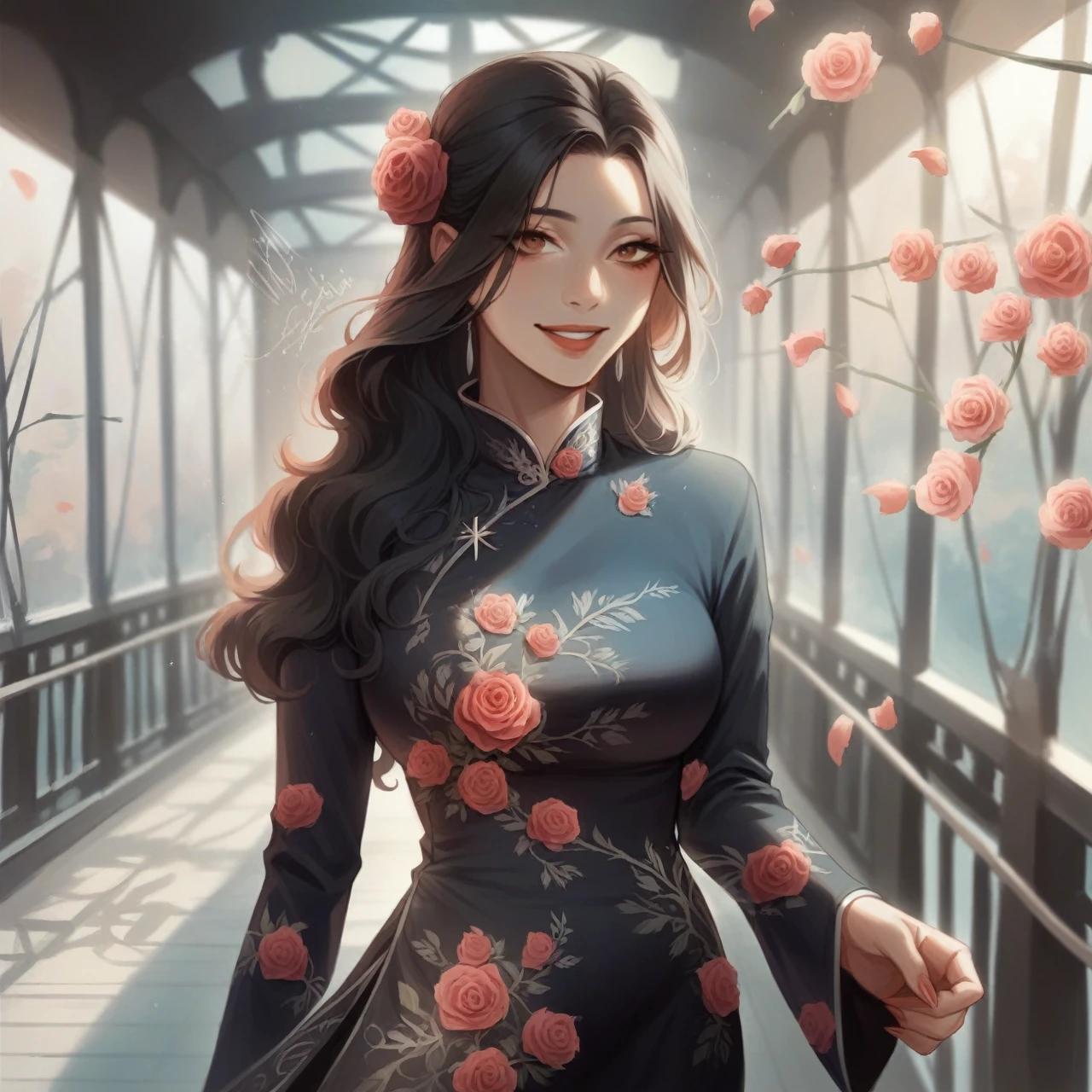 realistic 4D caricature of an beautiful thai-japanese female seated at a chair with an elegant setting. She is wearing a dark red medium sleeve dress adorned with fur trim and rose details. In front of her is a glass that contains a dark red liquid, which could be wine, and there are dark red roses nearby. She is smile dimple facing to the camera. It seems to convey a sense of sophistication or preparation for a celebratory event.