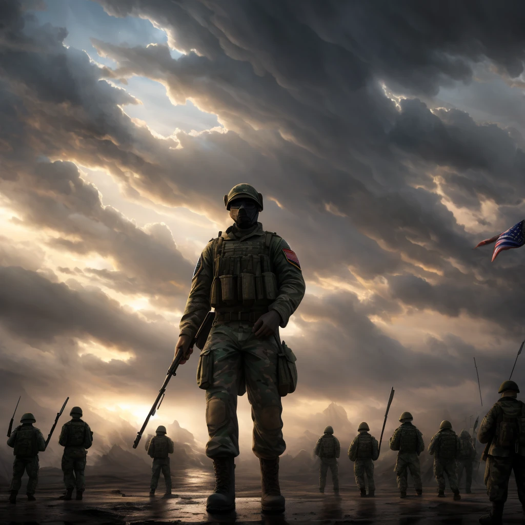 a soldier in military uniform standing in formation with a large flag waving over them, highly detailed, photorealistic, epic cinematic scene, dramatic lighting, intense atmosphere, masterpiece, 8k, HDR, sharp focus, volumetric lighting, intricate details, military insignia, steely expression, rigid posture, billowing flag, stormy sky, gripping composition