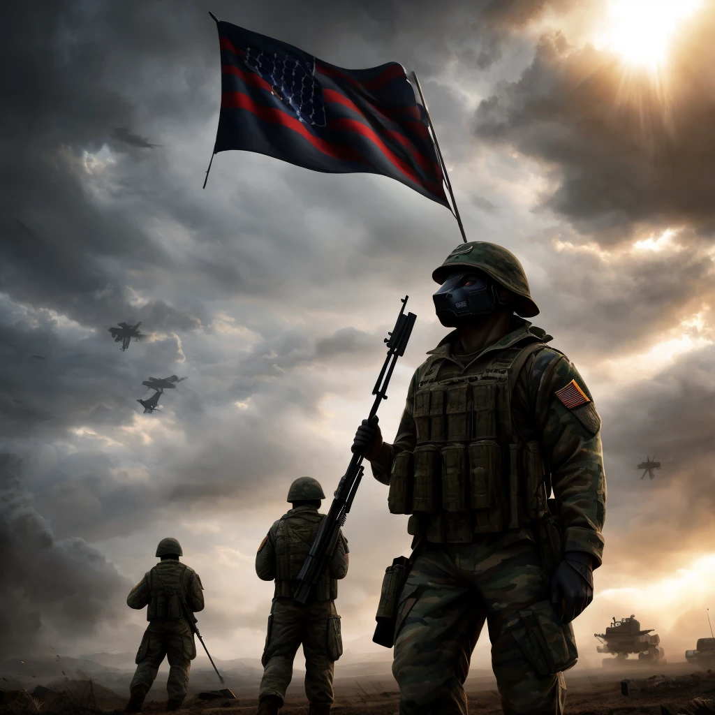 a soldier in military uniform standing in formation with a large flag waving over them, highly detailed, photorealistic, epic cinematic scene, dramatic lighting, intense atmosphere, masterpiece, 8k, HDR, sharp focus, volumetric lighting, intricate details, military insignia, steely expression, rigid posture, billowing flag, stormy sky, gripping composition