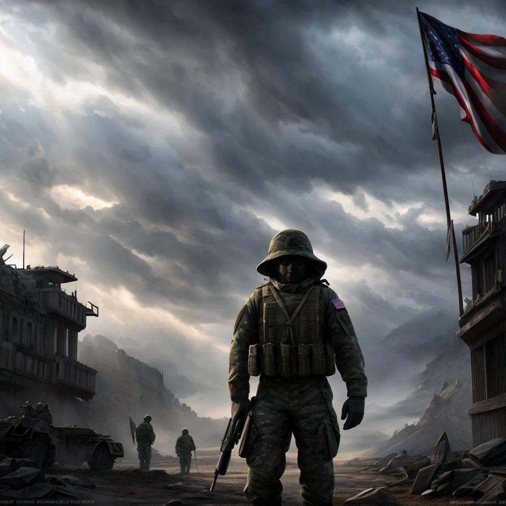 a soldier in military uniform standing in formation with a large flag waving over them, highly detailed, photorealistic, epic cinematic scene, dramatic lighting, intense atmosphere, masterpiece, 8k, HDR, sharp focus, volumetric lighting, intricate details, military insignia, steely expression, rigid posture, billowing flag, stormy sky, gripping composition
