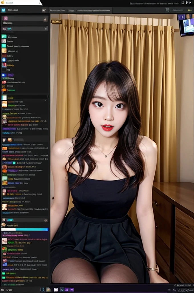 (Bird-eye perspective : 1.5), (((SFW : 1.2))), (intricate details:1.2), (masterpiece:1.3), (top quality:1.4), (Ultra A high resolution:1.2), 8K resolution, dark, (high quality), A woman is filming a Twitch broadcast, enjoying, korean, 23 years old, fairly slim body, femme fatale makeup, slim waist, her legs is slim and beautiful, fan service, hair turned to one side, bang, she being weared feminine dress, pantyhose in skirt, Personal broadcast interface screen, BJ, female Cam, on a private broadcast., Shooting equipment, various props, girls Room for personal photography purposes, sitting in a office chair, cowboy shot, her gaze looking downward of screen, she looks happy, she makes interesting reaction poses herself, speaking to microphone, Chat communication with viewers, Show chat log, Show viewers list, twitchchat, blackout curtain installed background, indirect light, language is Korean, 