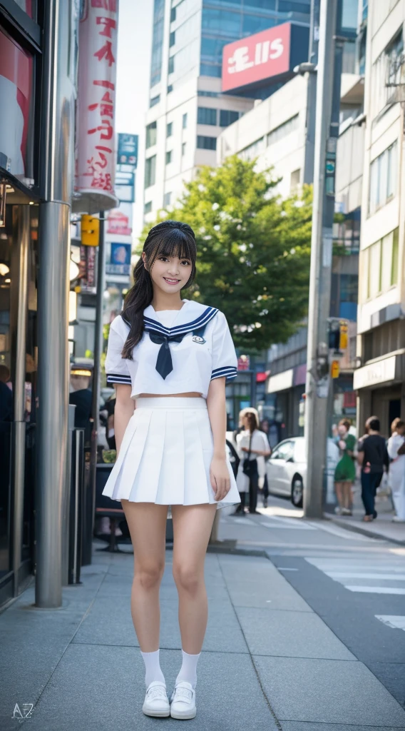 パンティ見せつけてる、White panties、Skirt tucked up、Underwear in full view、Ultra top quality, masterpiece, ultra high resolution, (photorealistic: 1.4), highly detailed CG Unity 8k wallpaper, detailed and complex, original, high resolution, raw photos, (perfect body shape), finely complex, dslr, soft lighting, high quality, film grain, depth of field, Leica Camera, 50MM lens, backlight, HDR, hyperrealistic, Color Grade, dynamic pose, portrait, Japan person, smile, lips, bangs, (crowded akihabara: 1.2), front view viewer, natural light, girl, 20 years old, full body, solo, student, high , sailor color, bobby socks, pleated skirt, daytime, on the street, deep shadow, cute, beauty, discreet, cold light 12000K\\ street, store status, akihabara, shinjuku, shibuya, Ikebukuro, detailed realism, skin texture, super detailed, realistic skin texture, (dramatic, award-winning photos, incredible masterpieces: 1.3)
