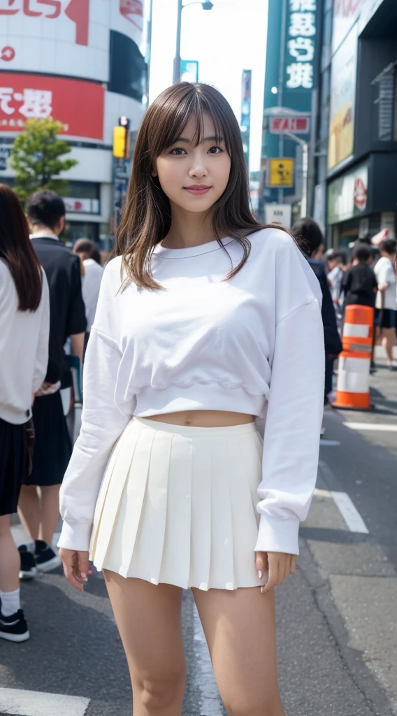 パンティ見せつけてる、White panties、Skirt tucked up、Underwear in full view、Ultra top quality, masterpiece, ultra high resolution, (photorealistic: 1.4), highly detailed CG Unity 8k wallpaper, detailed and complex, original, high resolution, raw photos, (perfect body shape), finely complex, dslr, soft lighting, high quality, film grain, depth of field, Leica Camera, 50MM lens, backlight, HDR, hyperrealistic, Color Grade, dynamic pose, portrait, Japan person, smile, lips, bangs, (crowded akihabara: 1.2), front view viewer, natural light, girl, 20 years old, full body, solo, student, high , sailor color, bobby socks, pleated skirt, daytime, on the street, deep shadow, cute, beauty, discreet, cold light 12000K\\ street, store status, akihabara, shinjuku, shibuya, Ikebukuro, detailed realism, skin texture, super detailed, realistic skin texture, (dramatic, award-winning photos, incredible masterpieces: 1.3)