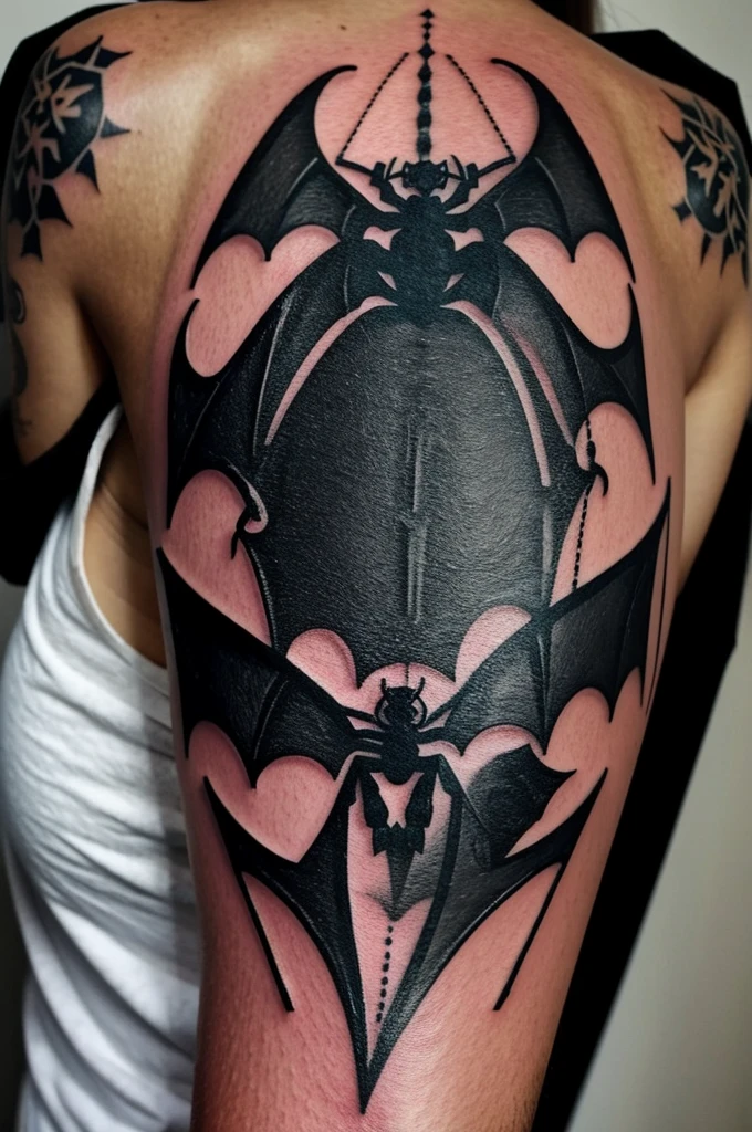 A tattoo with a bat and spider 
