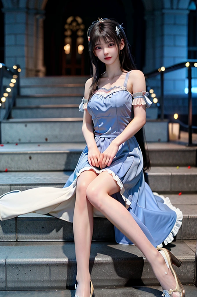 Full body girl in princess dress, 8k bright light blue. On the castle stairs ballroom With a delicate and beautiful face. 