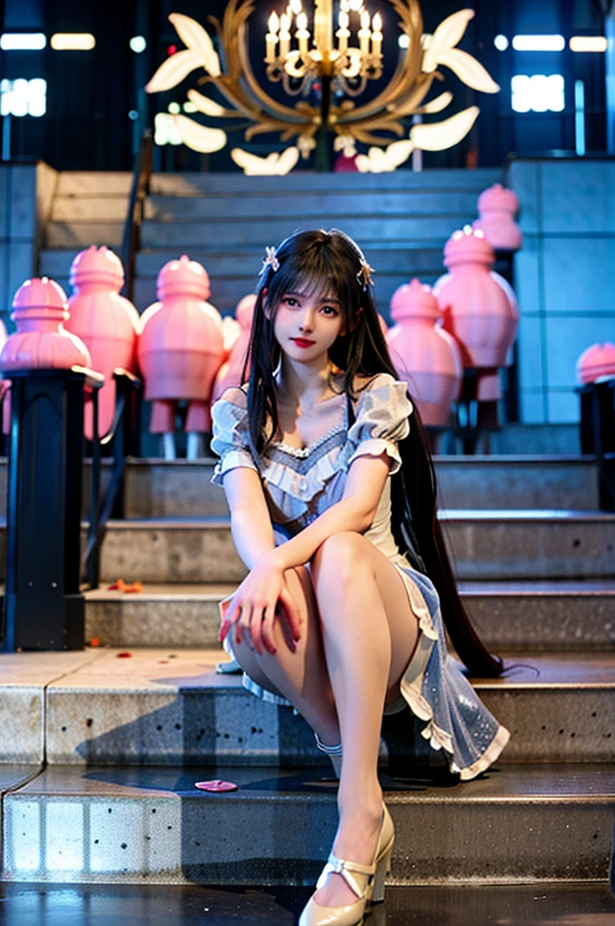 Full body girl in princess dress, 8k bright light blue. On the castle stairs ballroom With a delicate and beautiful face.