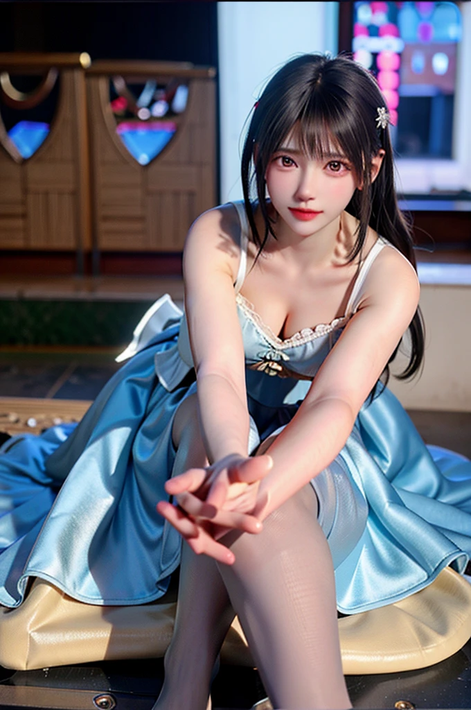Full body girl in princess dress, 8k bright light blue. On the castle stairs ballroom With a delicate and beautiful face. 