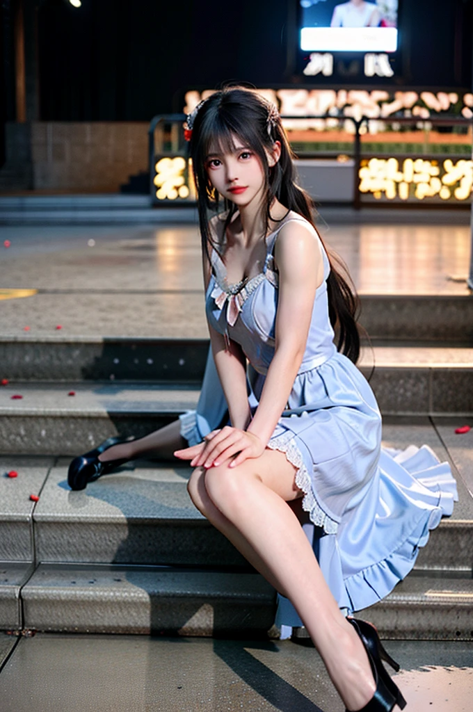 Full body girl in princess dress, 8k bright light blue. On the castle stairs ballroom With a delicate and beautiful face.