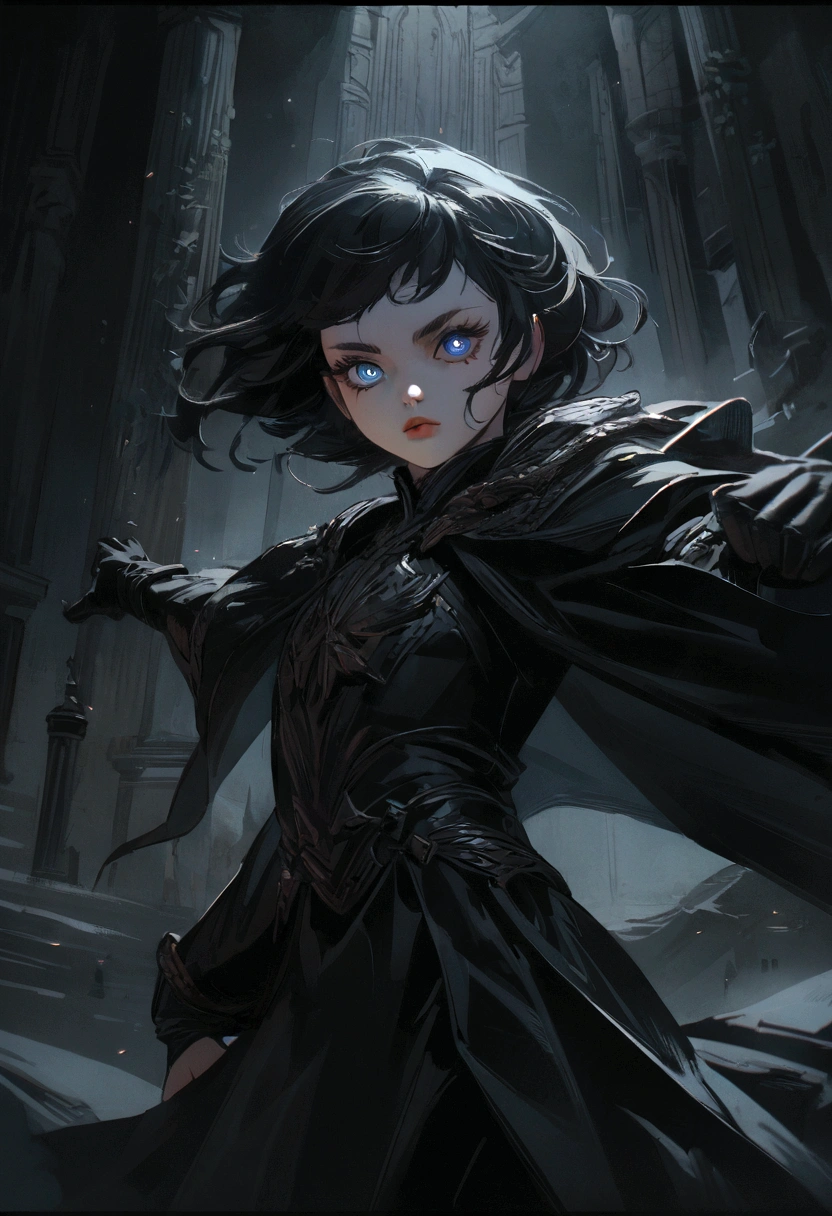 azumi, , black bodysuit, black skirt, aggressive, ready to fight, detailed face, beautiful detailed eyes, beautiful detailed lips, extremely detailed eyes and face, long eyelashes, cinematic lighting, dark fantasy, dramatic atmosphere, chiaroscuro, moody colors, muted tones, dramatic shadows, rich textures, masterpiece, best quality, 8k, high res, hyper detailed, cinematic composition, professional quality