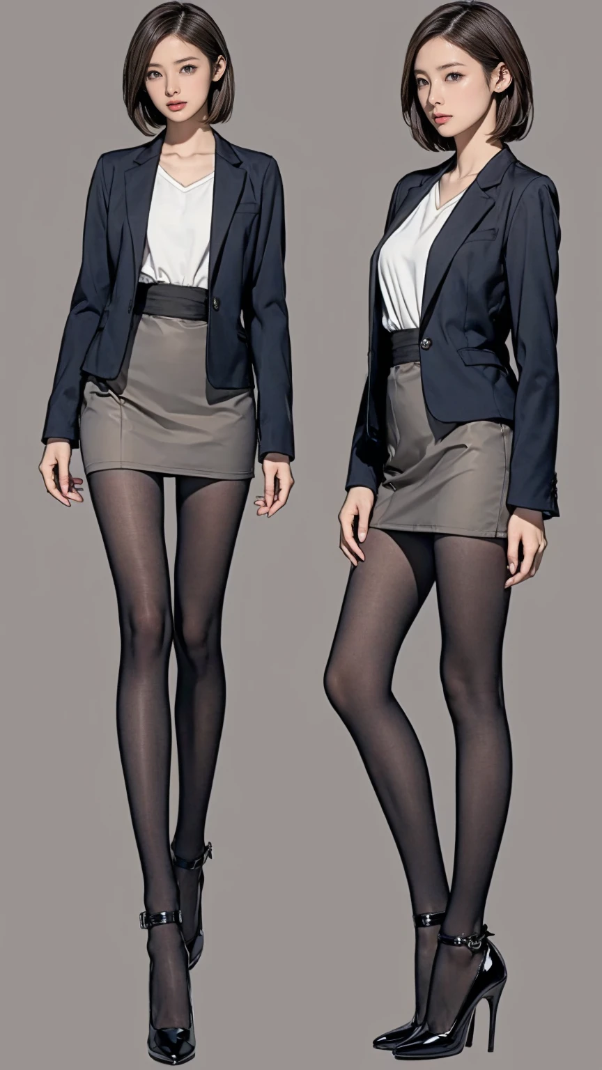 ((masterpiece)),(((Highest quality))),((Character design sheet)),Thin thighs,Long legs,Wearing a black jacket and white shirt、Wearing a super mini skirt，wear black tights，Japanese women leaving the nest，Emi with long black hair:1.3), (Light brown hair:1.3), high waist，Wear black high heels，background is gray，whole body