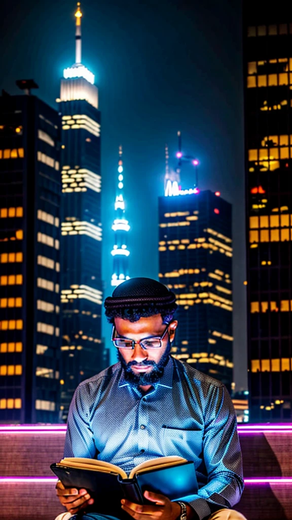 
A Muslim man sits in the middle of a busy modern city, against a backdrop of skyscrapers and sparkling neon lights. The expression on his face reflects his interest in the modern gadget he is holding, while the book or mushaf open in his lap is neglected. His eyes are focused on the gadget screen, reflecting the struggle between today's technological world and his spiritual values.