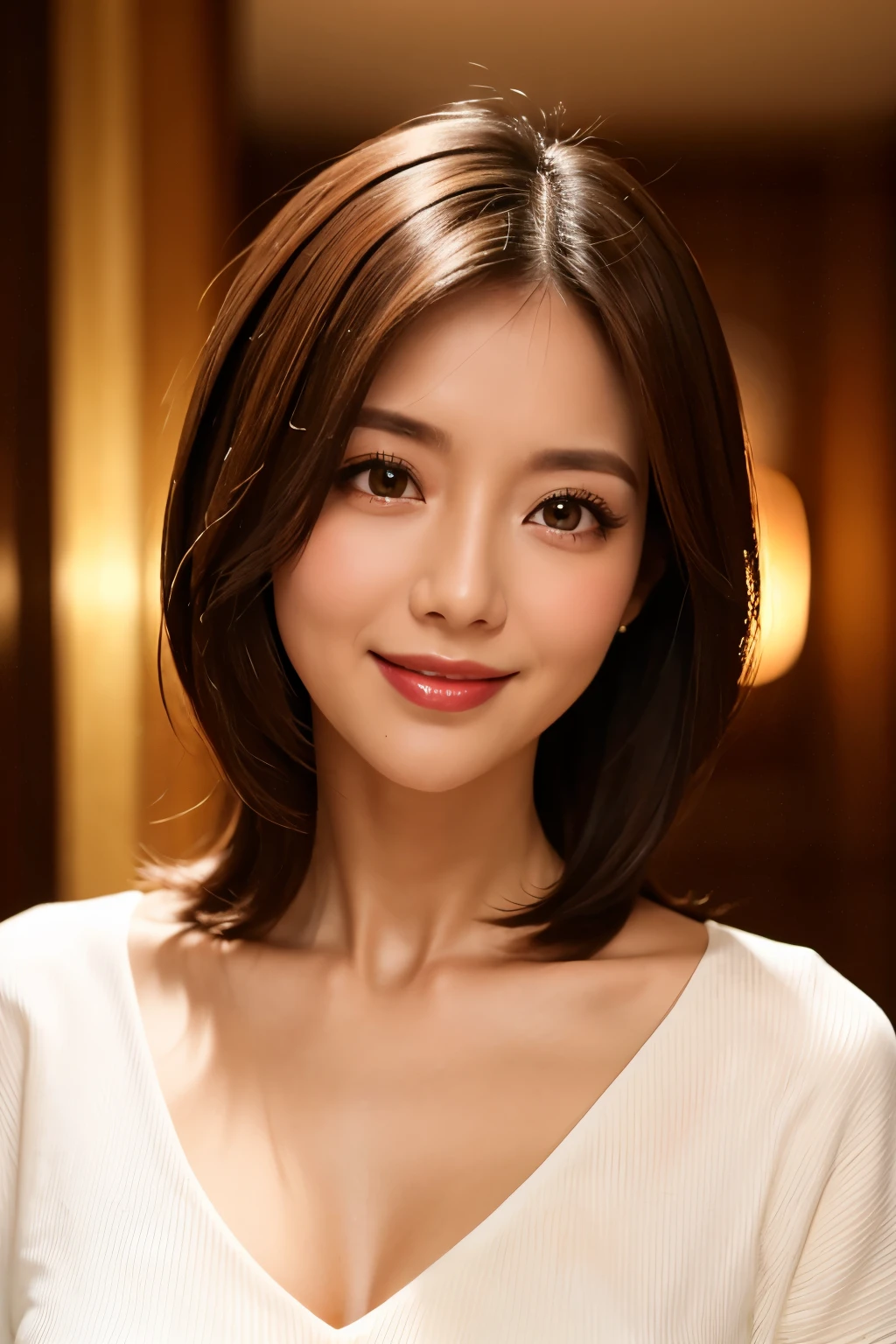 Highest quality, Tabletop, 8K, Best image quality, One Girl, The perfect V-neck see-through knit sweater, Waist up upper body shot, (Look forward), Red eyeshadow, Perfect Makeup, Long eyelashes, Ultra HD Shining Eyes, Ultra HD Hair, Ultra-high resolution glossy lips, Ultra HD cute face, Brown Hair, Very short straight hair, Look at me and smile, clavicle, Accurate anatomy, Face close-up, Luxury Love Hotel, The most atmospheric and warm lighting, Blurred Background