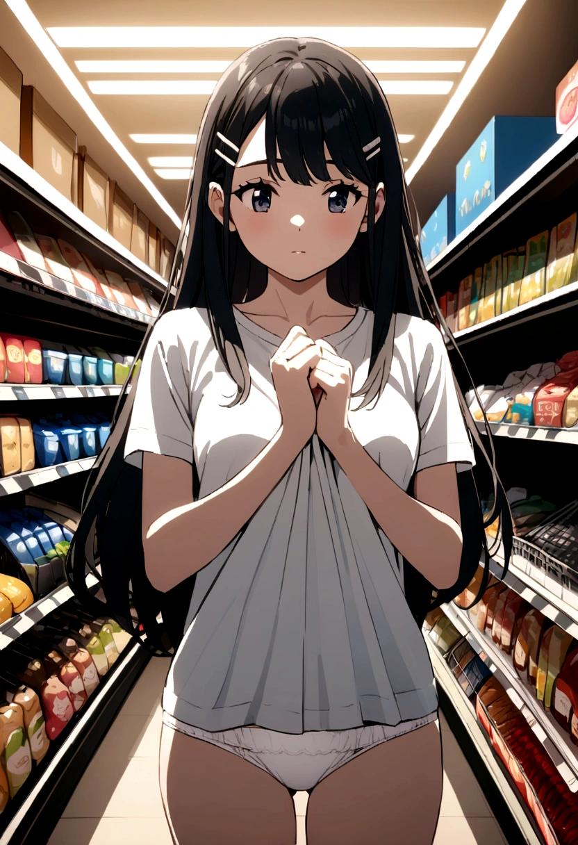 Young Wife　shopping　Supermarket　Black Hair　Long Hair　hairpin　White panties　Panty shot