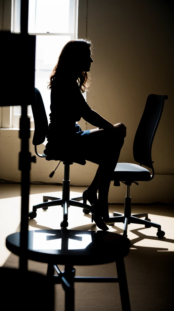 A silhouette of a woman sitting in a chair in a studio where she will be interviewed in the real world 