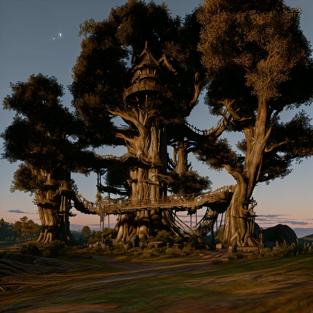 masterpiece, best quality, (extremely detailed CG unity 8k wallpaper), (best quality), (best illustration), (best shadow), absurdres, realistic lighting, (Abyss), beautiful detailed glow, tree village at sunset with a forest in the background, photo realistic