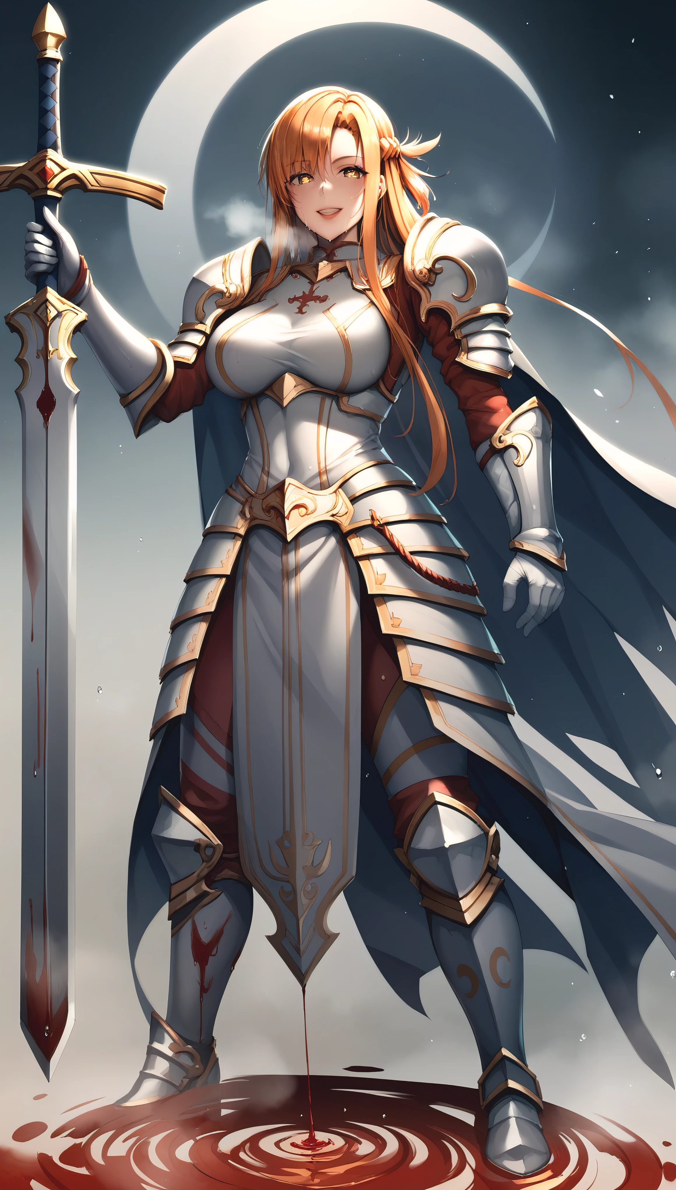 score_9, score_8_up, score_7_up, score_6_up, uncensored, Yuuki Asuna, absurdly long hair, orange eyes, orange hair, very long hair, lips, shiny skin, sweating, wet, wet hair, steaming body, heavy breathing, large breasts, detailed body, detailed eyes, smirk, upper teeth, large breasts, BREAK (masterpiece:1.2), best quality, high resolution, unity 8k wallpaper, (illustration:0.8), (beautiful detailed eyes:1.6), extremely detailed face, perfect lighting, extremely detailed CG, (perfect hands, perfect anatomy), holding, standing, weapon, female focus, sword, cape, holding weapon, armor, holding sword, shoulder armor, gauntlets, facing viewer, pauldrons, breastplate, planted, full armor, bokeh, backlighting, blood, bloody stream, water drop, reflective, (fog:1.3), fireflies, bright pupils,