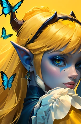 there is a woman with a horned head and a lot of butterflies, vriska serket, blue tiefling, some yellow and blue, tiefling, with horns, girl design lush horns, portrait of demon girl, dnd portrait of a tiefling, demon girl, portrait demon half human, anthro portrait, tiefling from d & d
