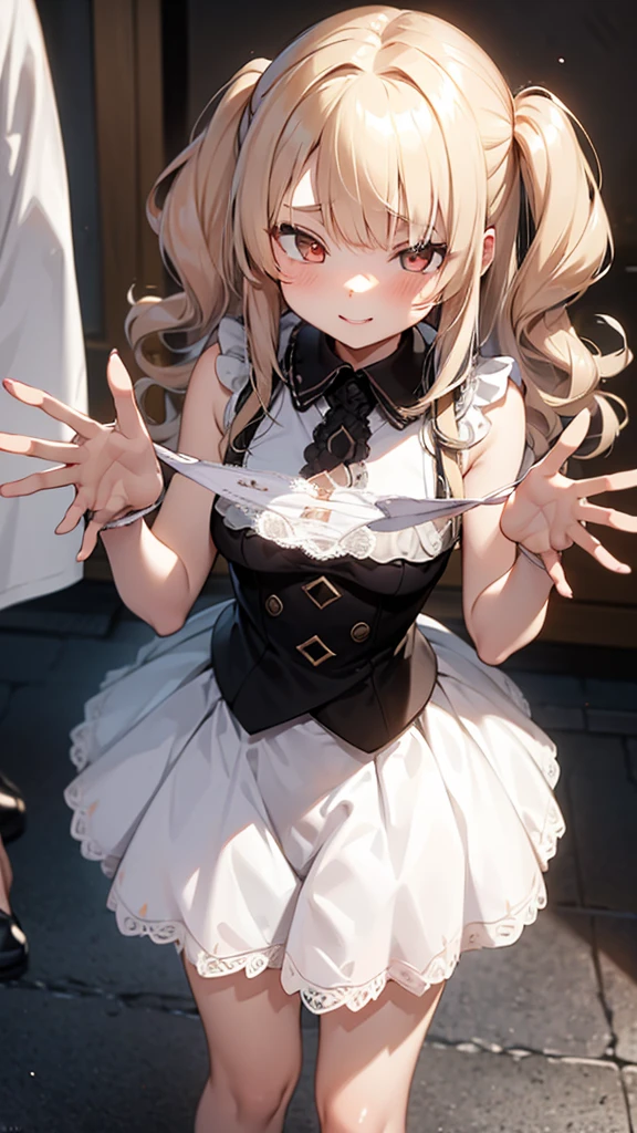 masterpiece,Highest quality,One Girl,(two side up:1.1),(Wavy Hair:1.1),Medium Hair,(Colorful gradient hair:0.8),Small breasts,White Summer Dress,Long skirt,Mischievous Smile,Up Leg,Panty Focus,Lace panties,(Hollow Eyes),(scorned eyes),Panties as a gift,Perfect description,Zoom in on panties