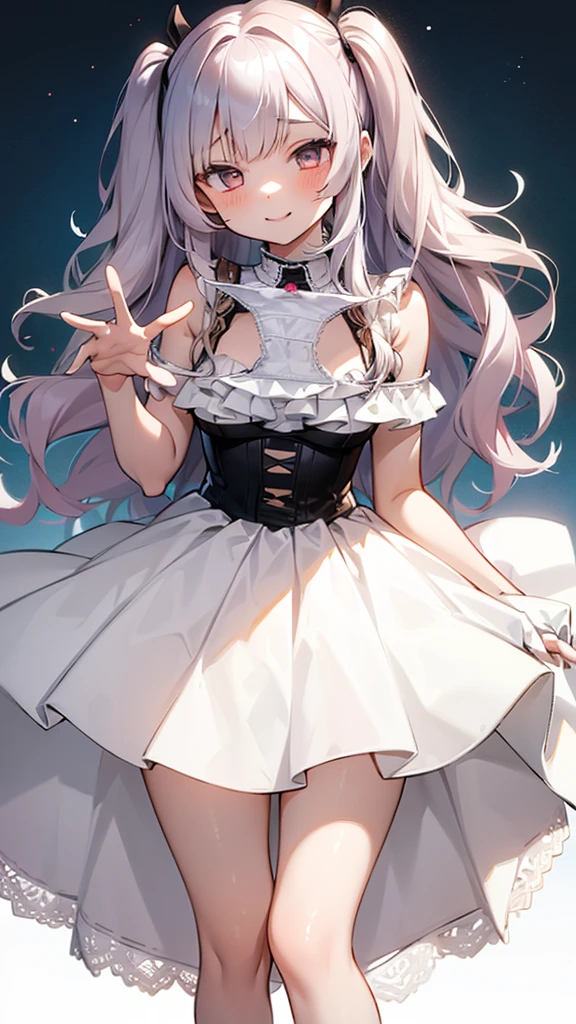 masterpiece,Highest quality,One Girl,(two side up:1.1),(Wavy Hair:1.1),Medium Hair,(Colorful gradient hair:0.8),Small breasts,White Summer Dress,Long skirt,Mischievous Smile,Up Leg,Panty Focus,Lace panties,(Hollow Eyes),(scorned eyes),Panties as a gift,Perfect description,Zoom in on panties