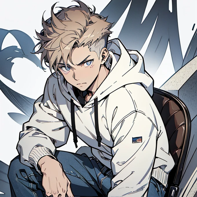 ((( Human Male 21 year old ))) ,clear skin , Brown fade haircut, Dark pupils, ((white hoodie under)),wearing Pants , wearing Denim Jacket , manga Style , blue pupils ,((solo ))