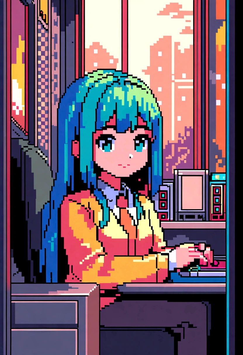 (Best Quality,high resolution), pixel art, vibrant colors, nostalgic atmosphere, Immersive gameplay, 16-bit graphics, pixel perfect controls, young woman, businesswoman, marketing social, companions