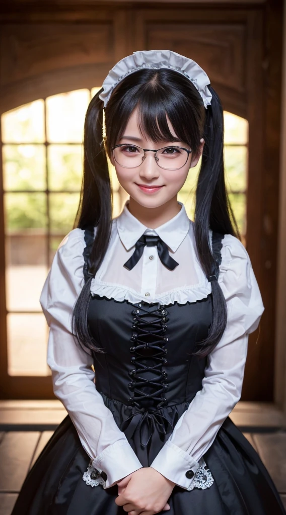 (Highest quality,8K quality,masterpiece:1.3),(Ultra-high resolution,Realistic:1.4,Live Shooting),(Very detailed,Caustics,Detailed Background),(Ultra-Realistic Capture,Beautiful and detailed skin,Perfect Anatomy),At dusk,Sunset sky, ((Gothic Lolita, Maid clothes, Twin tail hairstyle, black eye)), ,14 years old,cute,single eyelid,Long black hair,,Looking into the camera,へにょへにょしたsmile,whole body,Natural light、Big Breasts、Black-rimmed glasses、smile、Gray Hair