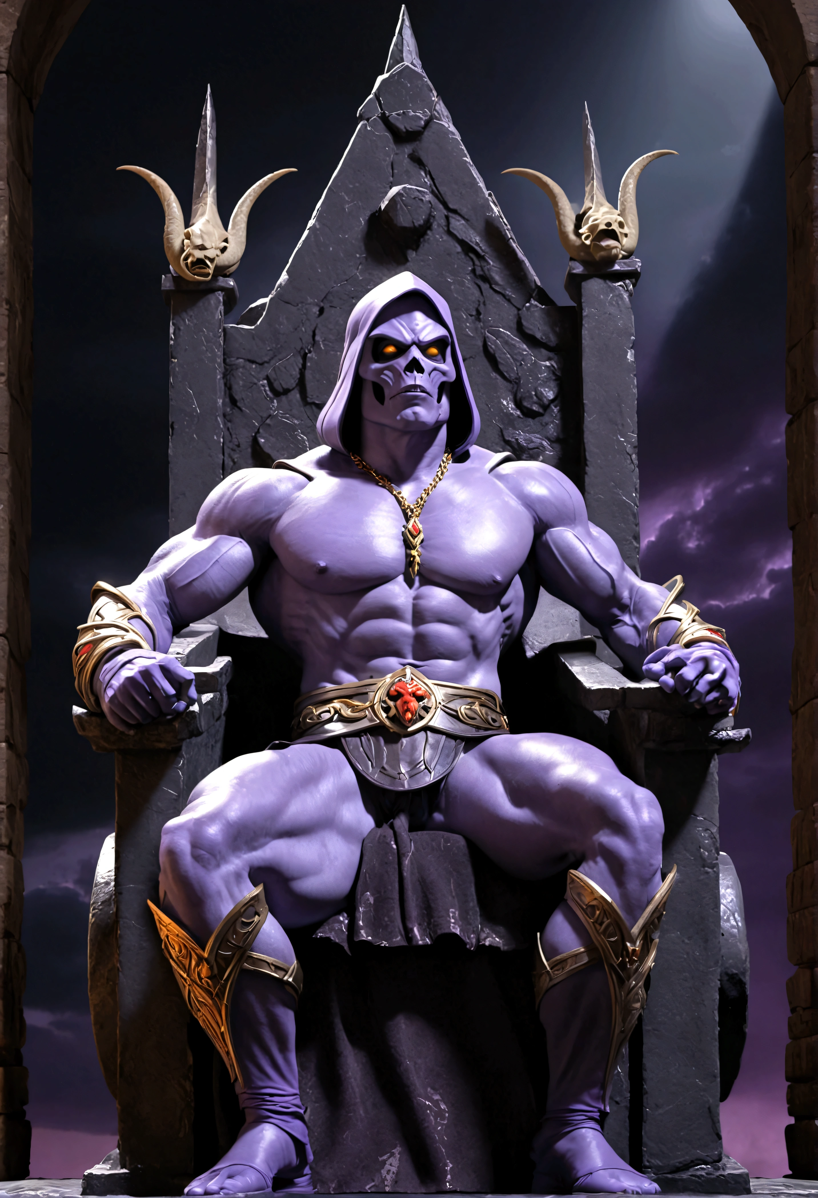 He-Man, Skeletor, Snake Mountain, throne of diabolical power, evil minions, recharging mystical energy, highly detailed, cinematic lighting, dark fantasy, dynamic composition, dramatic atmosphere, deep shadows, moody colors, digital painting