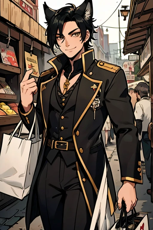 A handsome black haired foxman with golden eyes with black fox ears and a black fox tail in a pirate's uniform is shopping in the market in a pirate city with a big smile