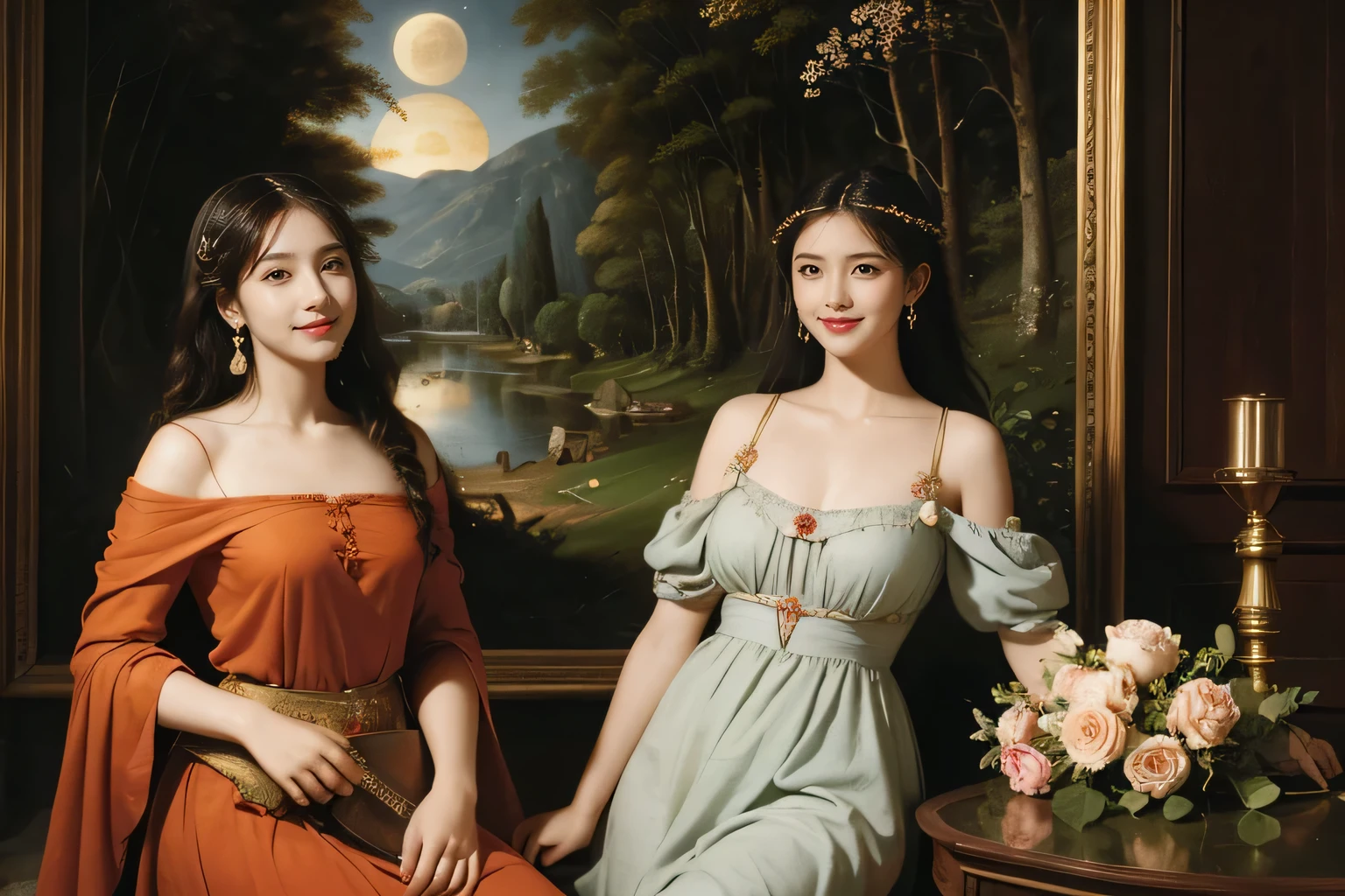Giorgione painting style,Arguments of two female Philosophe,math、astronomical machine、astronaut、roses in vase、fruits、Cute trinkets、smile、ancient greek costume、Background is a forest lake at night 、Clothes that stretch your shoulders、A big smile