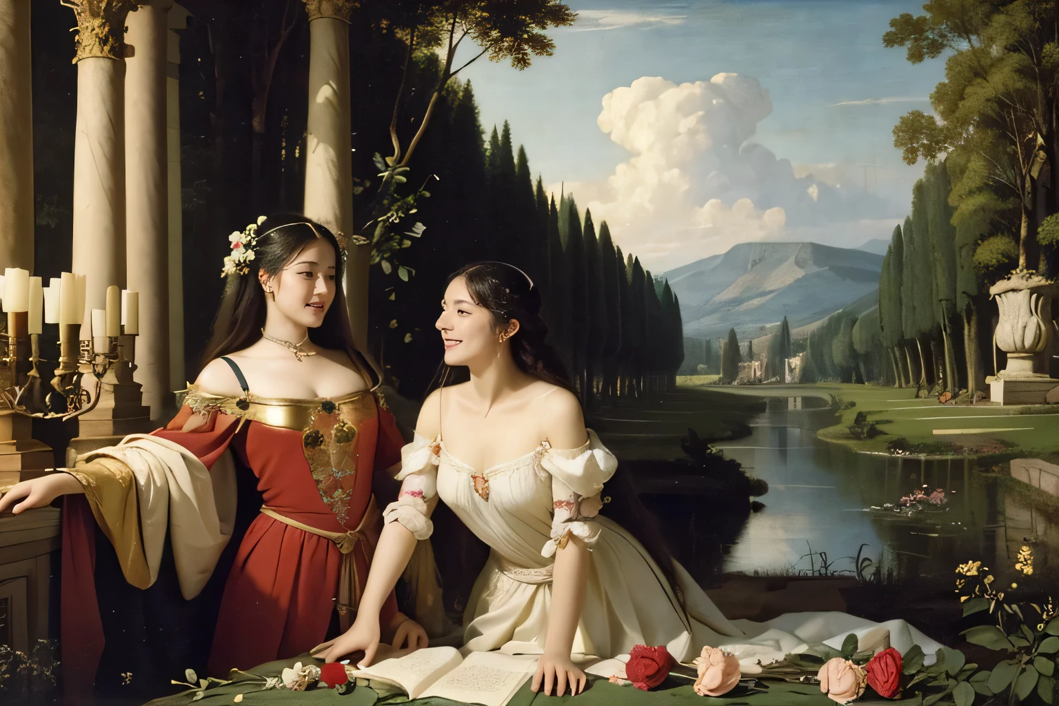 Giorgione painting style,Arguments of two female Philosophe,math、astronomical machine、astronaut、roses in vase、fruits、Cute trinkets、smile、ancient greek costume、Background is a forest lake at night 、Clothes that stretch your shoulders、A big smile