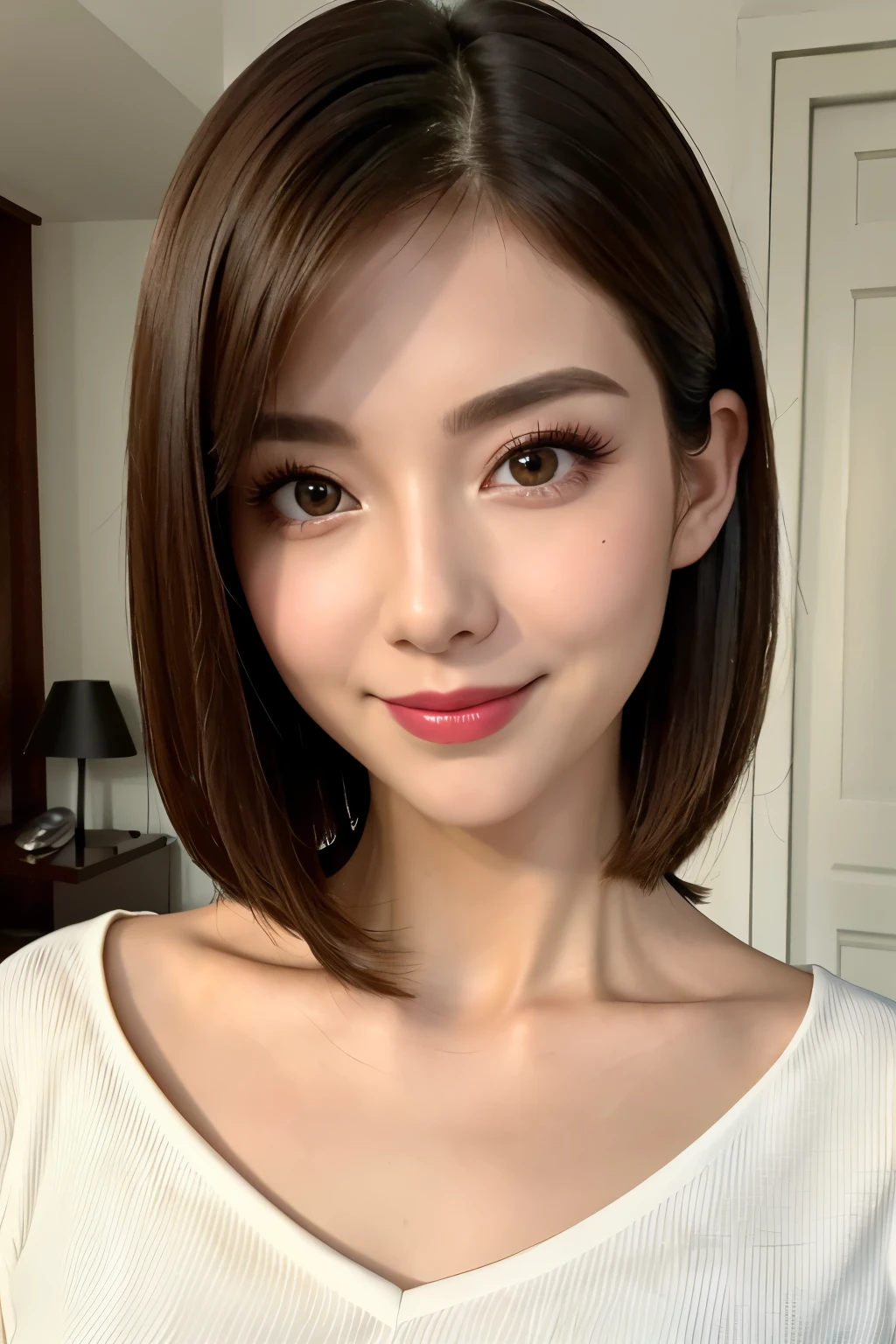 Highest quality, Tabletop, 8K, Best image quality, One Girl, The perfect V-neck see-through knit sweater, Waist up upper body shot, (Look forward), Red eyeshadow, Perfect Makeup, Long eyelashes, Ultra HD Shining Eyes, Ultra HD Hair, Ultra-high resolution glossy lips, Ultra HD cute face, Brown Hair, Very short straight hair, Look at me and smile, clavicle, Accurate anatomy, Face close-up, Luxury Love Hotel, The most atmospheric and warm lighting, Blurred Background