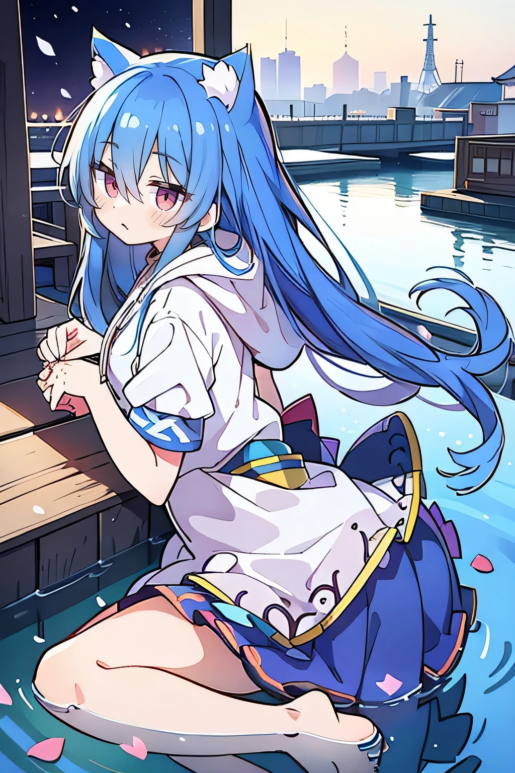 (masterpiece:1.2),Super detailed,lifelike,Expressive eyes,fair skin,perfect face shape,1 girl,
Japanese comics,Gorgeous blue hair,flowing blue hair,flowing clothes,Cat ears,Petals fall,beautiful lola,Baby Angel,
Shaking head with one hand,Cross your legs,Gentle and peaceful background,The pavilion is cool and comfortable,smile, wearing hoodie, background of tokyo,back views,snowing, winter,lie on the water.